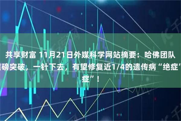 共享财富 11月21日外媒科学网站摘要：哈佛团队重磅突破，一针下去，有望修复近1/4的遗传病“绝症”！